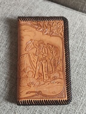 Western Tooled Tan and Black Leather Wallet with Cowboy And Horse Motif